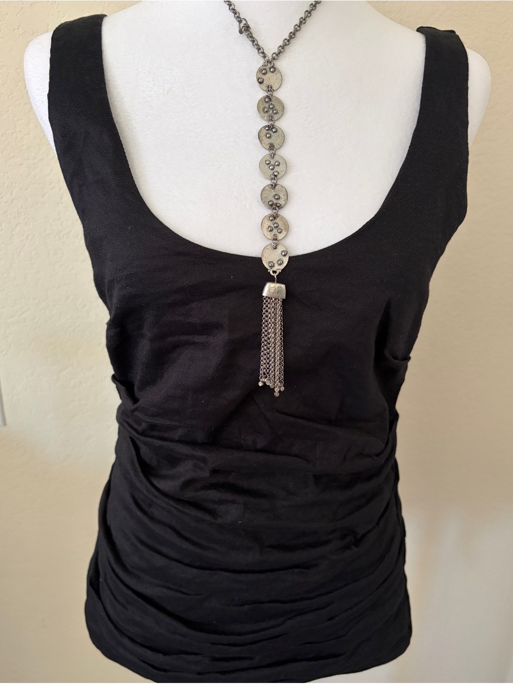 Artelier Nicole Miller Black Scoop Neck Ruched Tank Top w Zipper Back